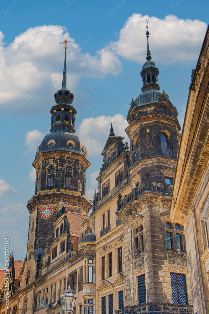 Obraz premium Dresden, Germany. Hausmannsturm tower and Dresden Cathedral Catholic Court Church.