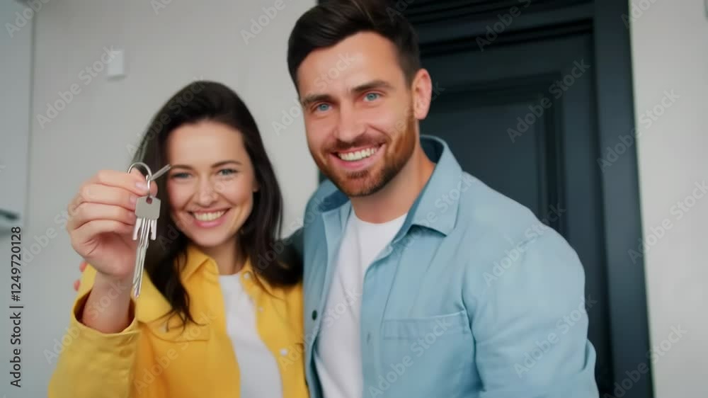 Happy couple showing new house keys Happy couple showing new house keys