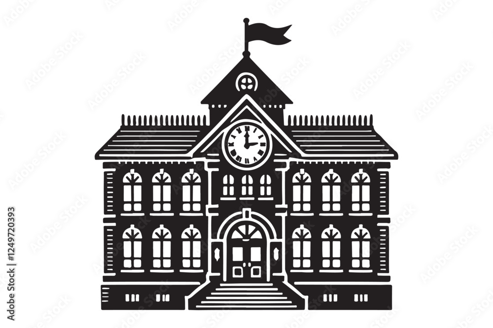Naklejka premium School building with clock and flag flat icon