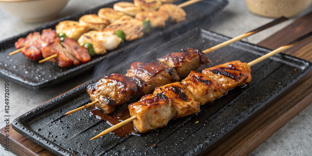 A set of yakitori skewers with different cuts of grilled chicken, brushed with tare sauce, served on a charcoal grill plate