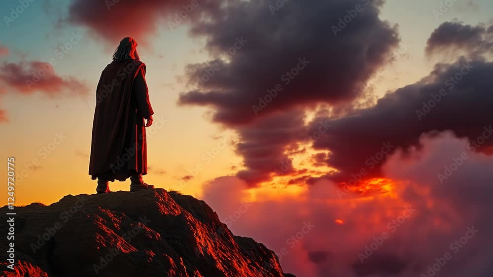 Majestic sunset view from a mountain peak with a silhouetted figure standing on the edge Majestic sunset view from a mountain peak with a silhouetted figure standing on the edge