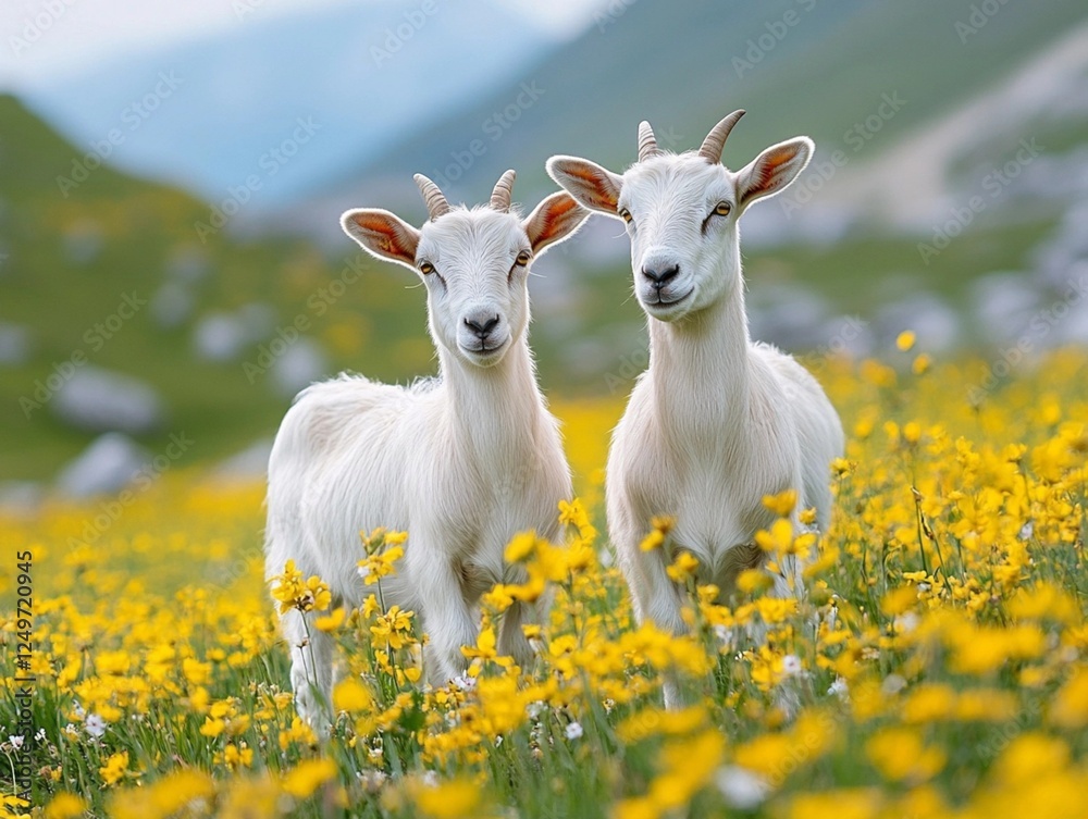 Sunny spring day, goats graze in the meadow in the village and eat green grass. Village life, picture painted with watercolors Sunny spring day, goats graze in the meadow in the village and eat green grass. Village life, picture painted with watercolors