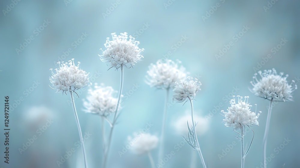 Obraz premium Soft, dreamy close-up of delicate white flowers against a pale blue background.