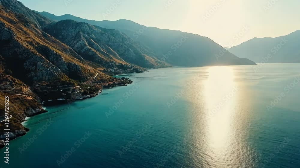 Scenic view of a tranquil bay embraced by mountains at sunset in a coastal region Scenic view of a tranquil bay embraced by mountains at sunset in a coastal region