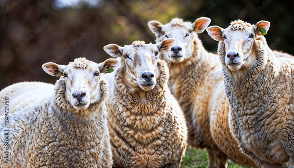 Fototapeta premium A Group of Sheep Grazing Peacefully in the Beautiful Meadow of the Serene Countryside