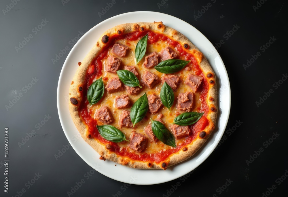 Tuna pizza on a white plate on slate slate-black background