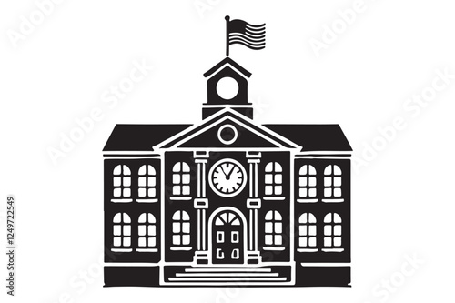 School building with clock and flag flat icon