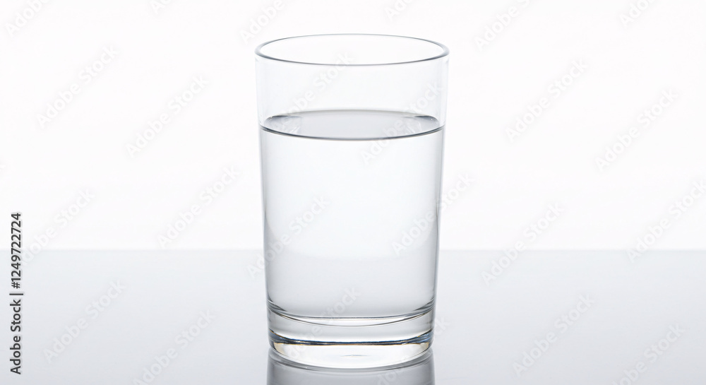 Drinking glass with water on reflective surface, white background.
Drinking glass with water on reflective surface, white background.