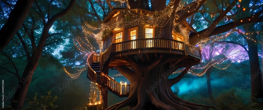 Fototapeta premium A charming treehouse wrapped in colorful fairy lights nestled high in the branches overlooked by lush trees and surrounded by natures beauty