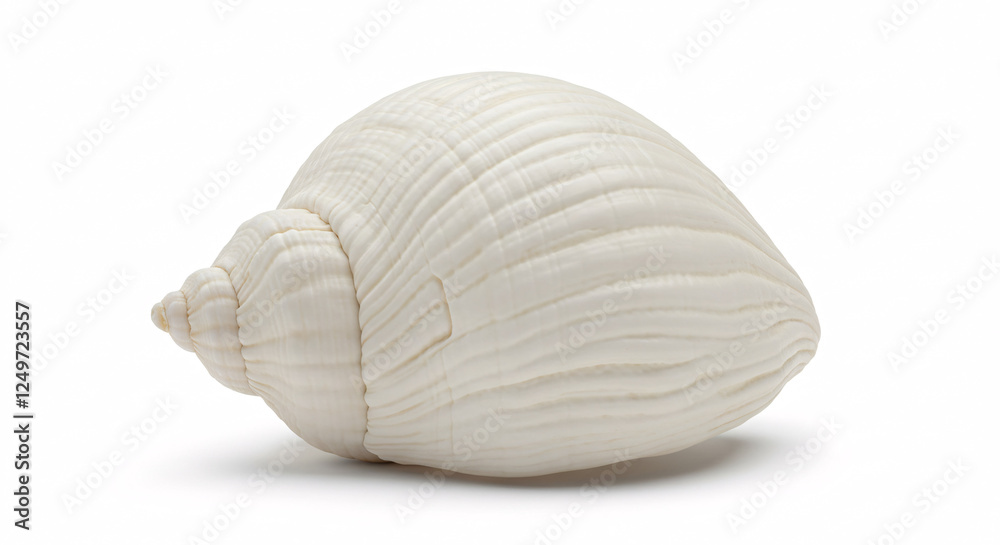 White seashell with spiral shape and textured ridges, isolated on white background White seashell with spiral shape and textured ridges, isolated on white background