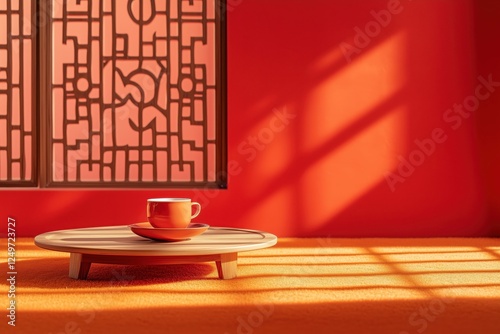Cena minimalista com decoração asiática tradicional em tons quentes de vermelho e laranja, com xícaras de chá e sombra de flores de cerejeira em um ambiente iluminado, criada com IA generativa.