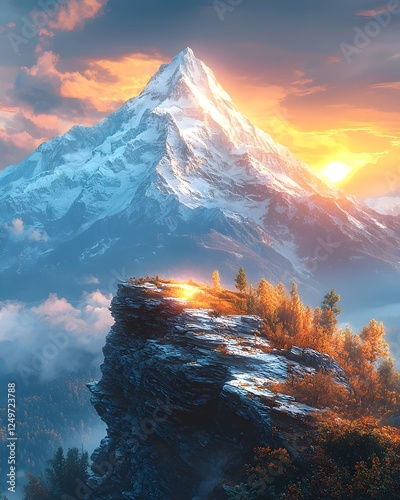 Breathtaking sunset over a majestic snow-capped mountain, with vibrant hues illuminating the sky and autumnal foliage on rocky cliffs, creating a serene and dramatic landscape.