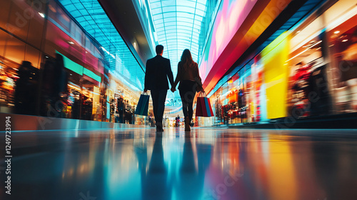 A couple holding hands walks through a modern shopping mall with bright lights reflections and colorful storefronts creating a dynamic scene  
