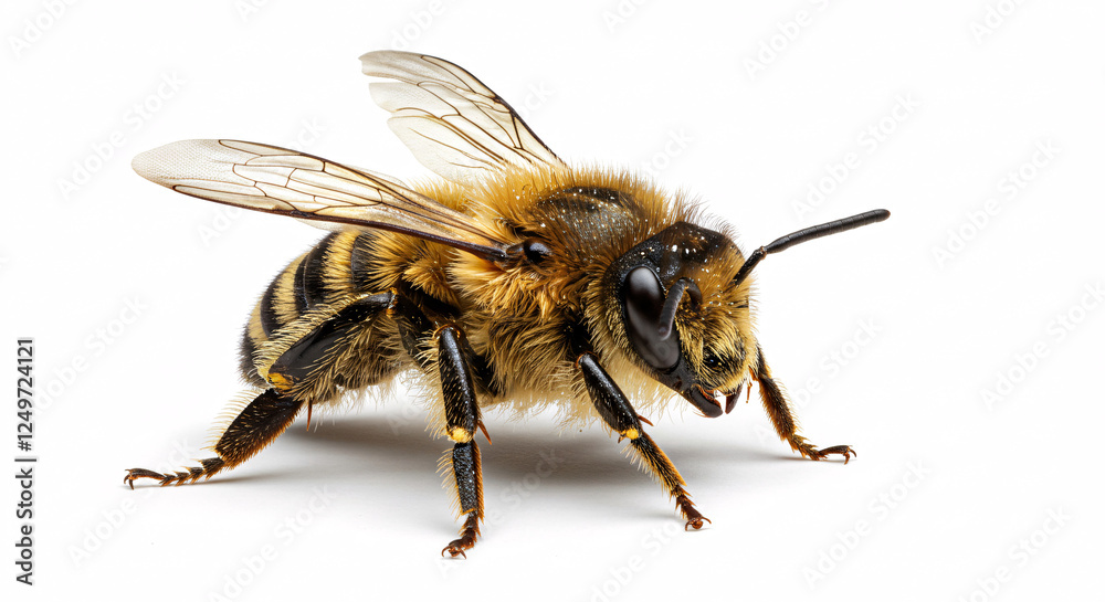 Close-up of a bee with black and yellow stripes on a flower petal, isolated on white background