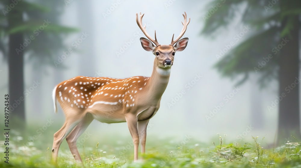 Misty forest, deer in nature, wildlife moments, animal in the mist Witness the serenity of a deer as it walks through a mystical, fog-filled forest, proud and graceful. This powerf