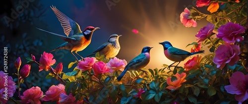 A charming portrayal of lively birds nesting atop a colorful floral bush where their joyful chirping adds life to the vibrant scene