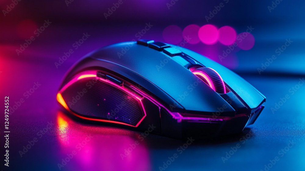 A futuristic gaming mouse illuminated by neon lights with geometric shapes in bright blue, pink, and purple. The modern, vibrant wallpaper features blurred backgrounds and empty caption space.
A futuristic gaming mouse illuminated by neon lights with geometric shapes in bright blue, pink, and purple. The modern, vibrant wallpaper features blurred backgrounds and empty caption space.
