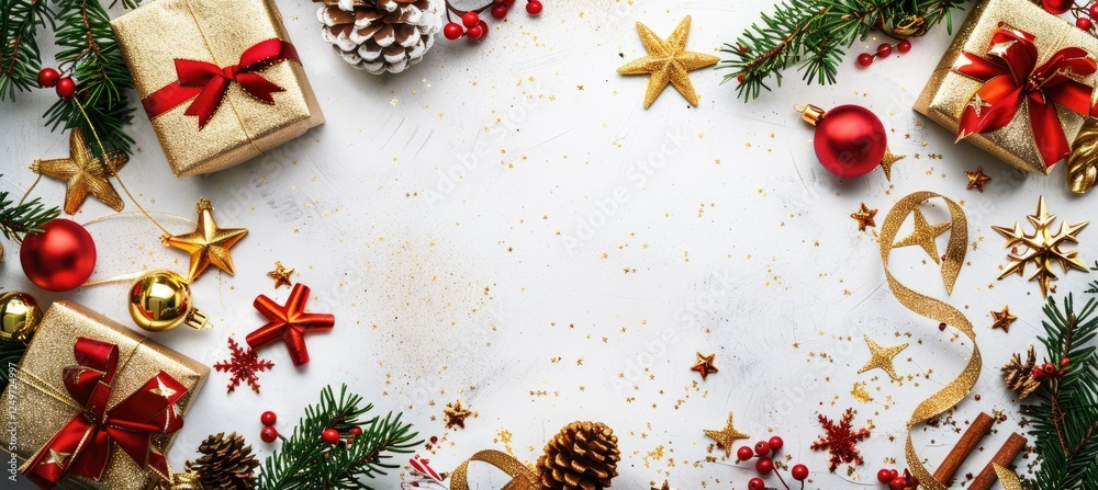 Obraz premium Christmas decoration composition on light gold background with beautiful Golden gift box with red ribbon, fir branches, cones, stars, Christmas cookies,cinnamon, top view, copy space, ban