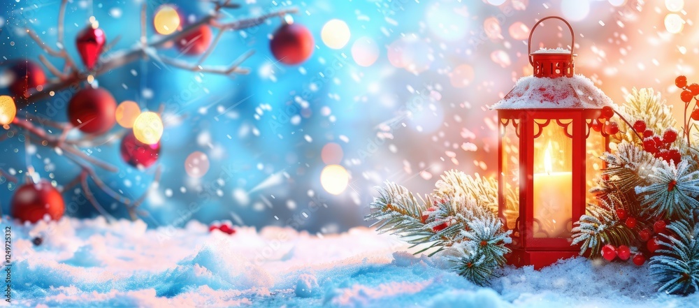 A cozy Christmas scene with a lantern surrounded by festive decorations and twinkling lights A cozy Christmas scene with a lantern surrounded by festive decorations and twinkling lights