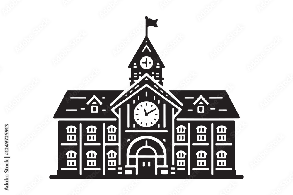 School building with clock and flag flat icon School building with clock and flag flat icon