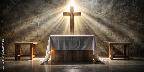 A wooden cross stands at the center of a quiet church, bathed in warm, soft light. An altar is set with a white cloth, enhancing the peaceful atmosphere of worship