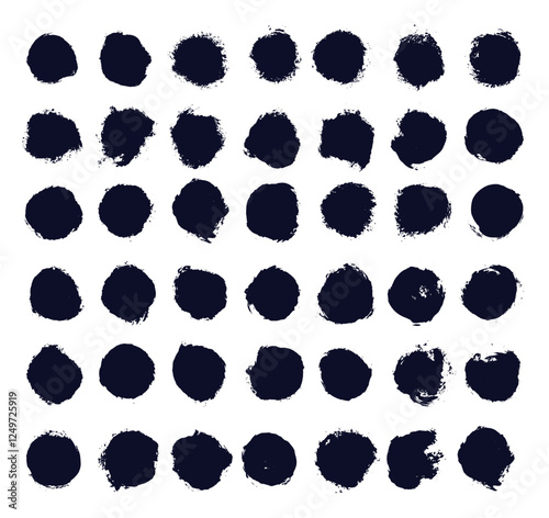 Big set of paint, ink dry brush stroke circle shape. Dirty grunge design round element or background. Collection of grunge black smear and rough stain. Template vector black hand drawn ink.