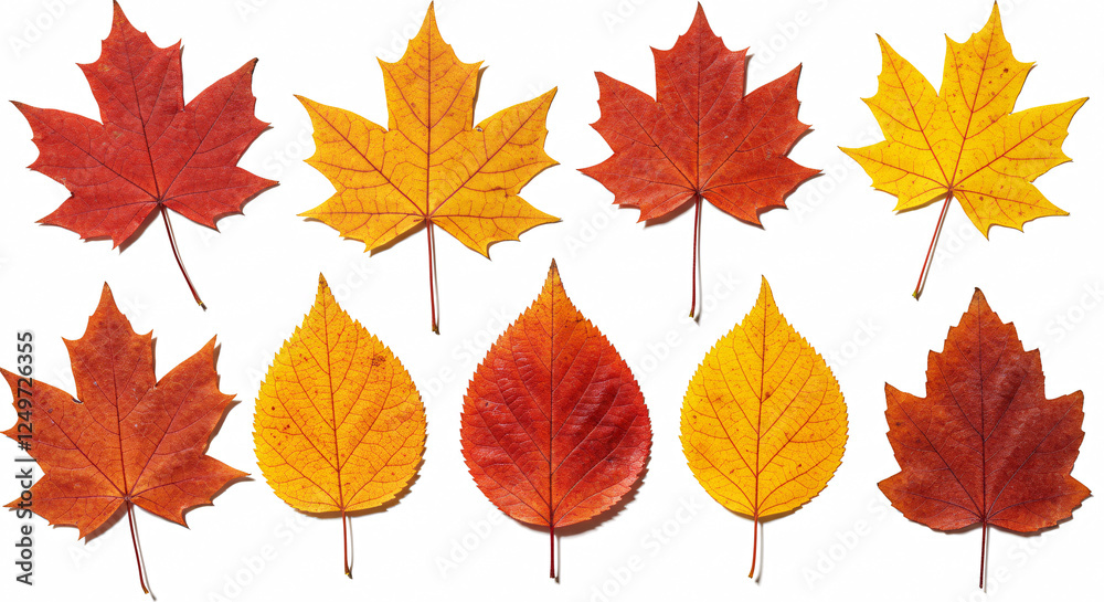 Set of autumn leaves, various shapes and colors, isolated on white.
Set of autumn leaves, various shapes and colors, isolated on white.