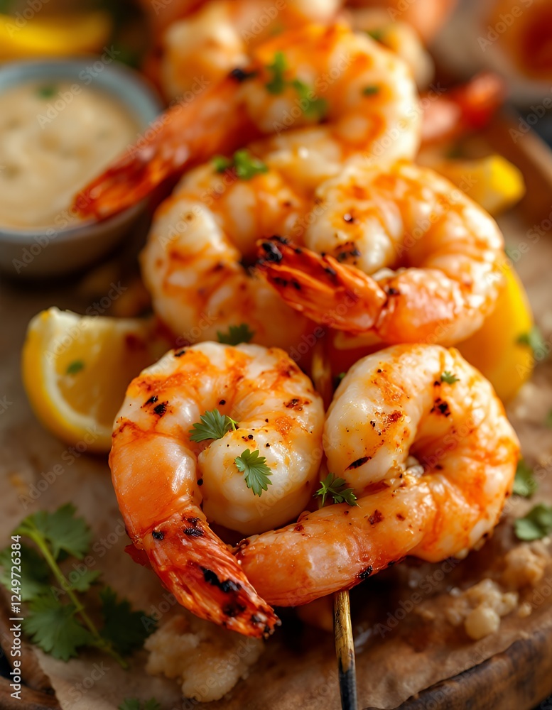 Grilled Shrimp Skewers with Lemon and Dipping Sauce Close-up