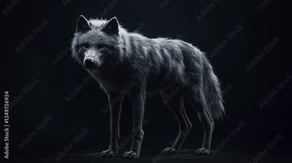 Fototapeta premium A wolf in the dark. Portrait of a wolf with a snout. Generative ai with black background. A wolf lurking in the shadows lifestyle.