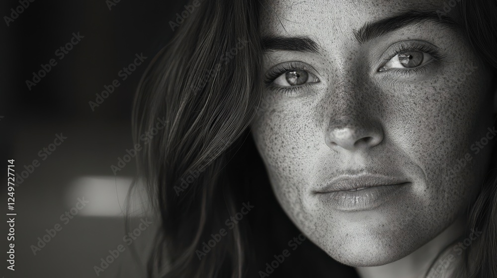 Emotional portrait of a woman, deep gaze, natural beauty, soft lighting. Captivating freckles enhance her charm and expressiveness.