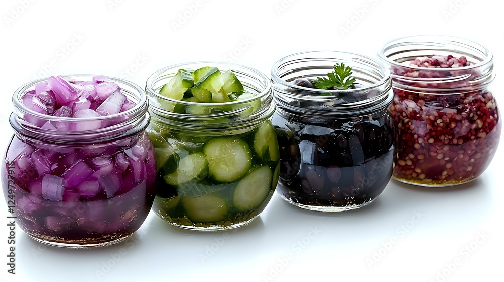 Fresh pickled vegetables and berries in glass jars. Homemade preserves with red onion, cucumber, olives and raspberry jam arranged in row on white surface.