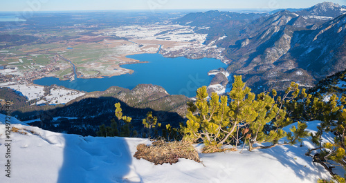 view from Herzogstand mountain to the lakeKochelsee in alpine foreland