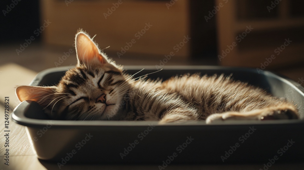 Image of a Cute Cat Using a Litter Box on the Floor at Home Image of a Cute Cat Using a Litter Box on the Floor at Home