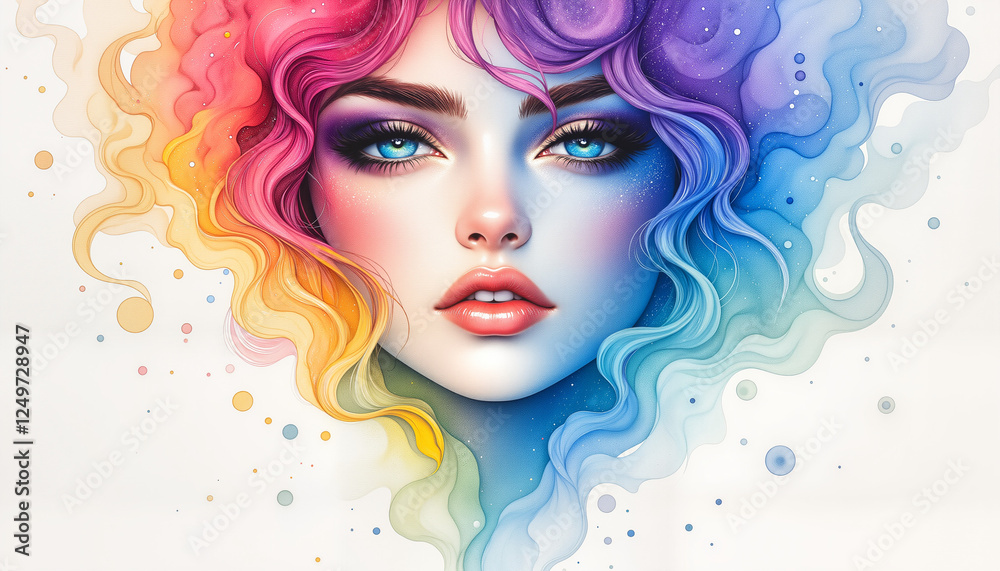Colorful woman's face blending with swirling patterns, artistic expression Colorful woman's face blending with swirling patterns, artistic expression