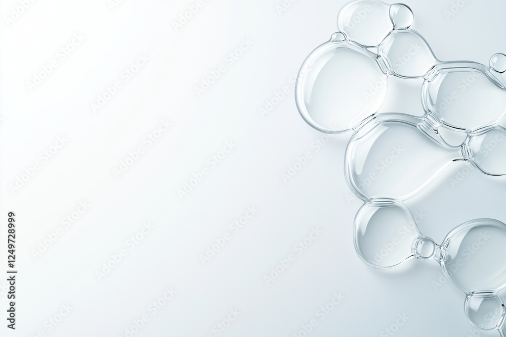 Liquid Bubbles Abstract:  A cluster of translucent, spherical bubbles floats on a light gray surface, creating an abstract and elegant composition.