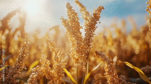 Golden quinoa field under sunlight. Close-up of quinoa plants with golden grains. Natural texture and agricultural significance