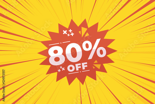 80% off sale banner vector with red and yellow sunburst background and white text. Perfect for flash sale, special offers, big sale, e-commerce, online promotions and discount advertising.