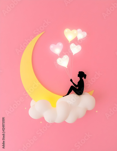 Dreamy Girl on Crescent Moon with Heart Balloons - Romantic Illustration on Valentine's Day