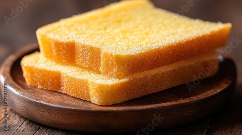 Buttered bread slices on wooden plate, rustic table background photo