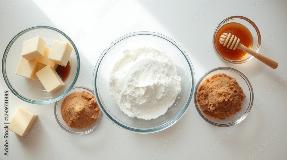 Flat Lay Overhead Baking Workspace with Brown Sugar, Flour, Butter and Honey on a White Kitchen Countertop Flat Lay Overhead Baking Workspace with Brown Sugar, Flour, Butter and Honey on a White Kitchen Countertop
