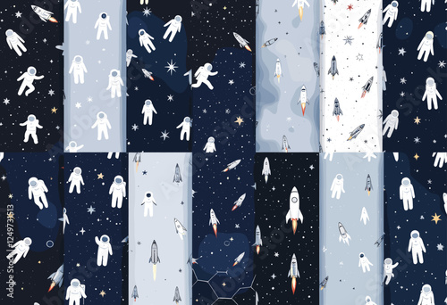 Nine panels, each featuring a white astronaut and a rocket ship against a black background, arranged in a 3x3 grid. Vector patterns, random pattern