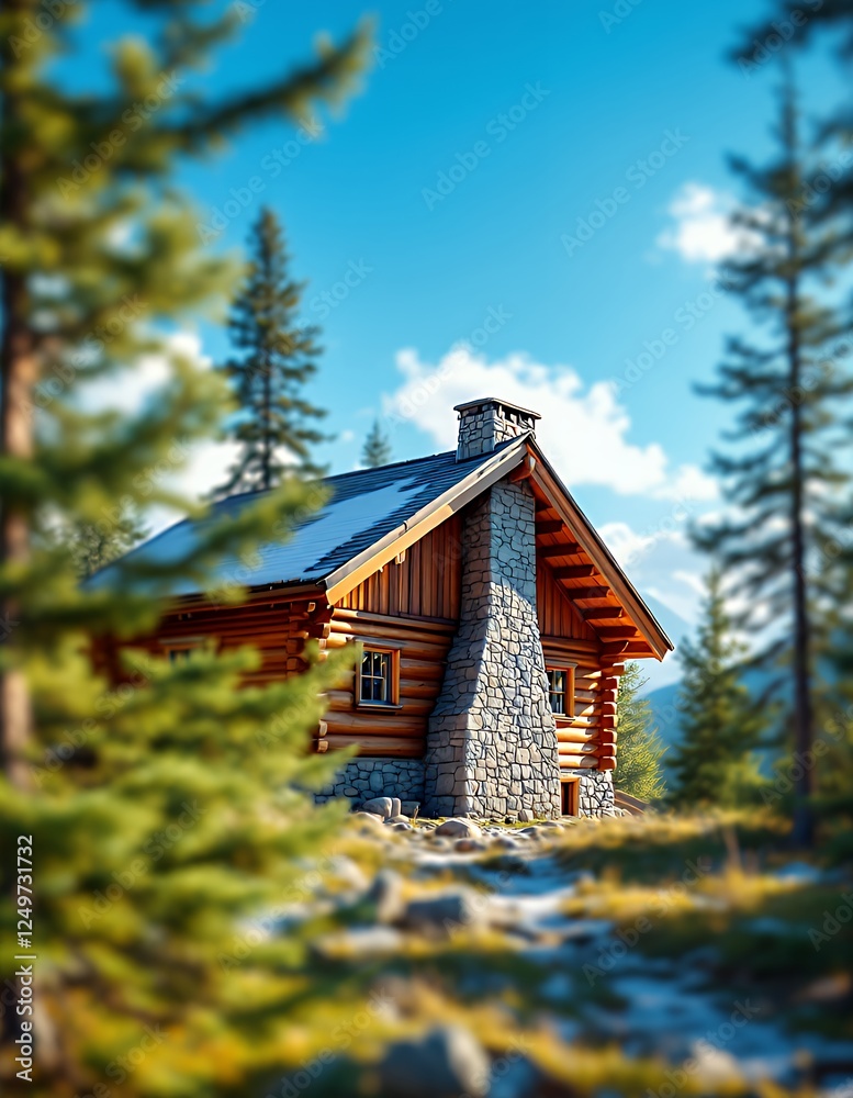 Log Cabin in the Woods with Stone Chimney Under a Bright Sky Log Cabin in the Woods with Stone Chimney Under a Bright Sky