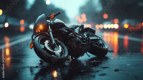 Motorcycle accident on a rainy road during twilight hours