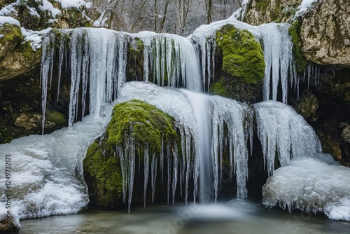 Frozen waterfall cascading over moss-covered rocks in a winter wonderland.