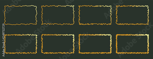 Set of gold rectangular frames with zigzag edges.Collection of rectangular frames.Rectangles with wavy edges.Vector illustration the green background.