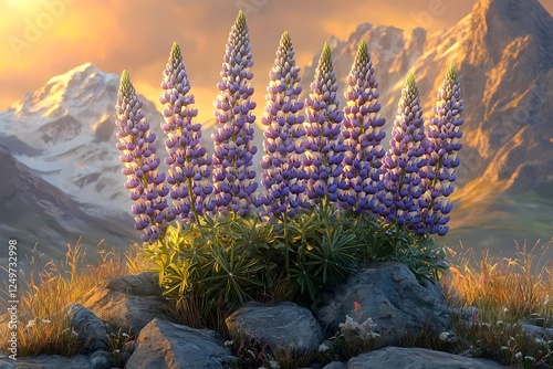 A stunning cluster of purple lupine flowers, set against a breathtaking mountain backdrop during golden hour. The scene evokes tranquility and the beauty of nature.