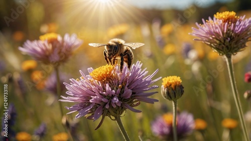 Honigbiene auf einer Sommerwiese an einem sonnigen warmen Tag