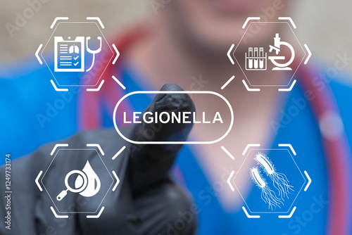 Doctor using virtual touch screen push text: LEGIONELLA. Legionella test health care concept. Legionella pneumophila bacteria in human lungs diagnosis - causative agent of legionnaire's disease. photo
