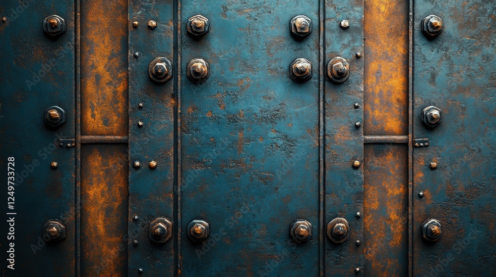 Close-up of a textured metal surface with rust and rivets. Close-up of a textured metal surface with rust and rivets.