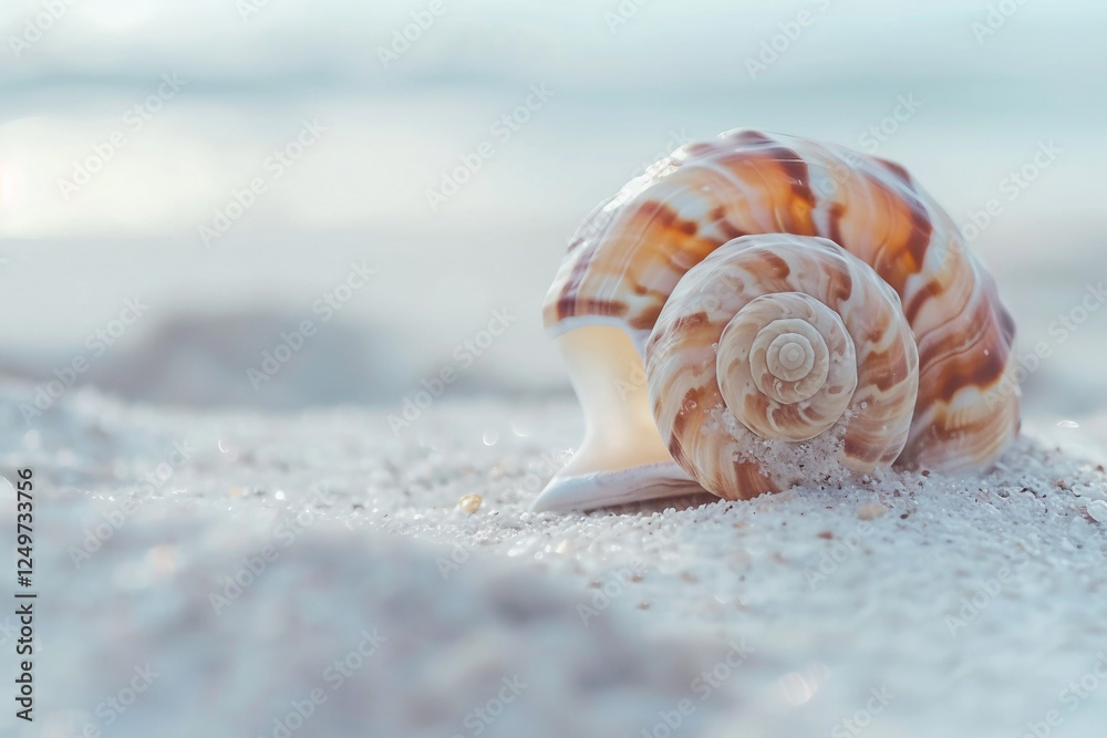 Close-up of a spiral seashell resting on a sandy beach surface Close-up of a spiral seashell resting on a sandy beach surface